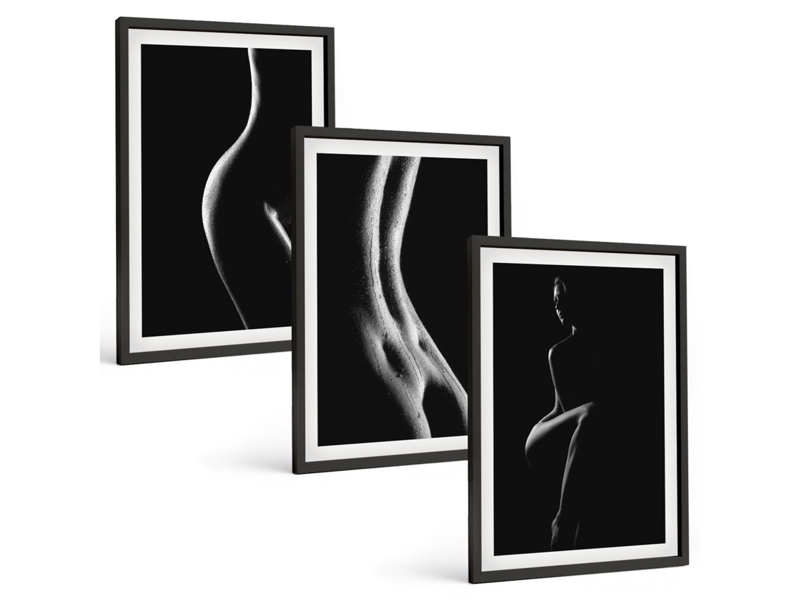 Pinturas Murais Modernas Silhuetas Femininas Em Preto E Branco Moldura Preta Quadros Para O Escritório Espelharte (3 Piezas De 40x60 Cm)