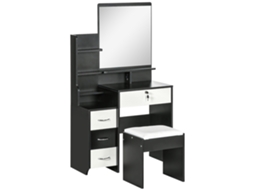 Conjunto De Penteadeira Com Banqueta Acolchoada, Espelho Grande, Várias Prateleiras Abertas E 4 Gavetas, Branco E Preto.