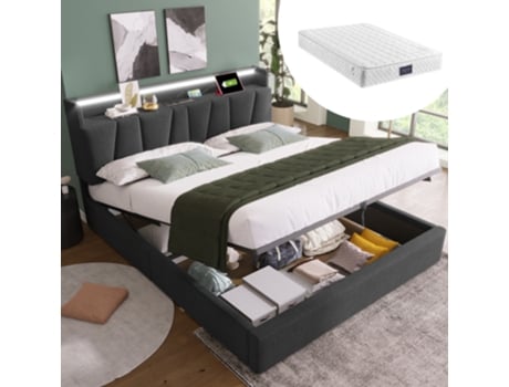 Cama De Casal Estofada Com Função De Carregamento Usb, Cabeceira Com Arrumação E Iluminação Led, Cama De Casal 160x200cm Camas Com Arrumação Estrutu