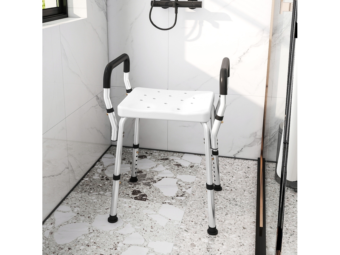 Banqueta de Duche para Pessoas Idosas e com Deficiência, com Apoios de Braços, Altura Ajustável, Pés Antiderrapantes, Branca
