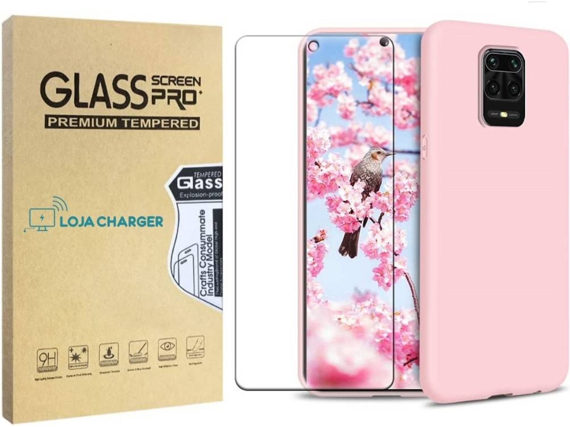 Capa e Película Vidro Temperado Xiaomi Redmi Note 9S  LOJA CHARGER Silicone Líquido Rosa