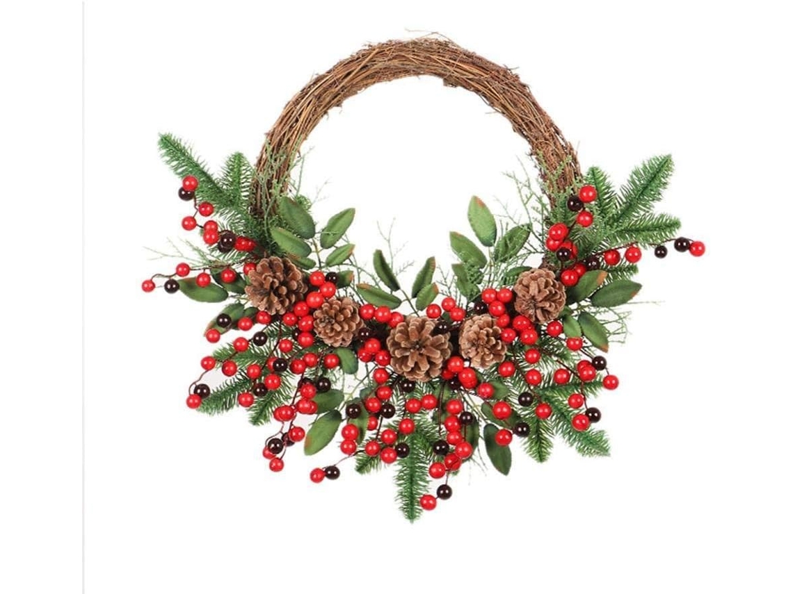 Cintos artificiais de pinhas para decoração de paredes e portas, frutas vermelhas para decoração de portas.