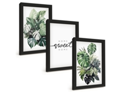 Um Conjunto De Imagens Decorativas Em Uma Moldura Plantas Com As Palavras "doce Lar" Moldura Preta Pinturas De Quarto Espelharte (3 Peças 20x30 Cm)