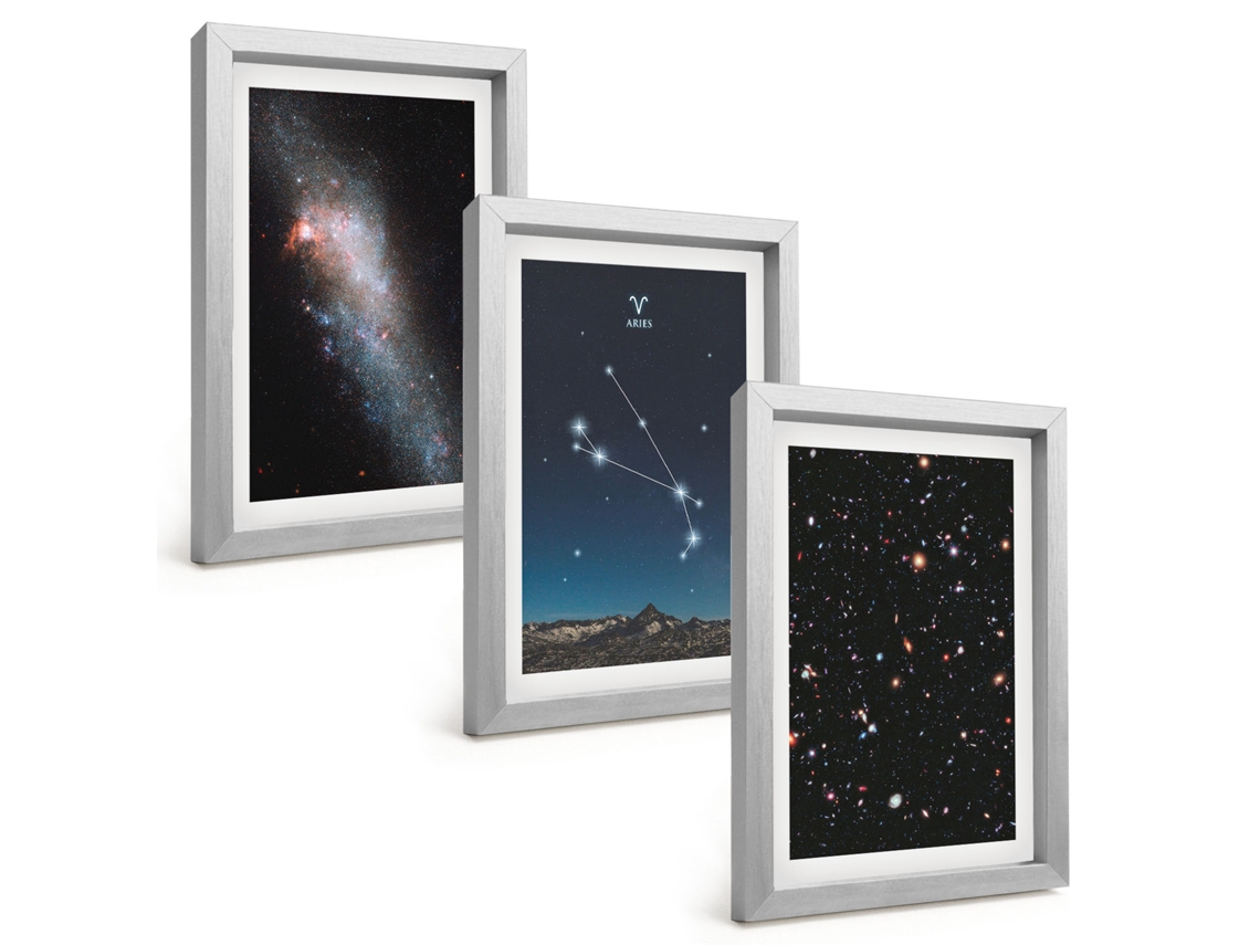 Composição De Quadros Na Paredepaisagens Espaciais, Galáxias Moldura Prateada Quadros Para A Sala De Estar Espelharte (3 Peças 20x30 Cm)