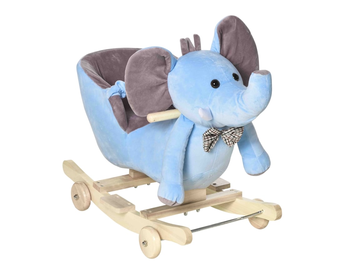 Elefante Balançando Cavalo 18+ Meses, Rodas com Encosto do Cinto, Aço de Madeira Macia, 60x35x45 Cm, Brinquedo Infantil, Azul