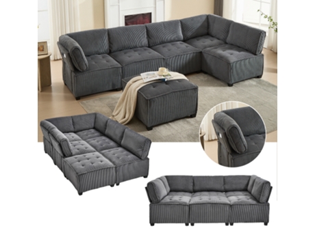 Sofá Modular De 6 Lugares, Tecido De Veludo Cotelê, Ergonômico, Bolsos De Armazenamento, Combinação Flexível Como Formato Em U/l/sofá-cama, Estrutura