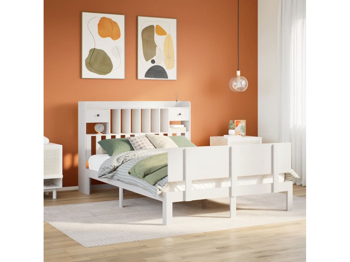 Vidaxl Cama Com Estante Sem Colchão 140x200 Cm Pinho Maciço Branco