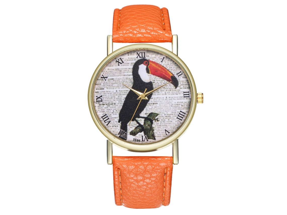 Reloj De Cuarzo Analógico Con Correa De Pu Para Mujer Y Hombre Pájaro Bonito (naranja)