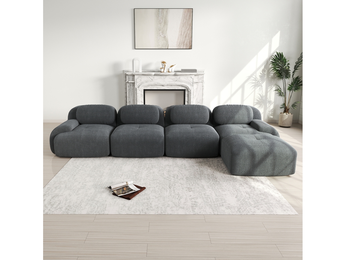Sofá De Canto 4 Lugares Cinza Com Chaise E Braços Largos Para Sala E Escritório