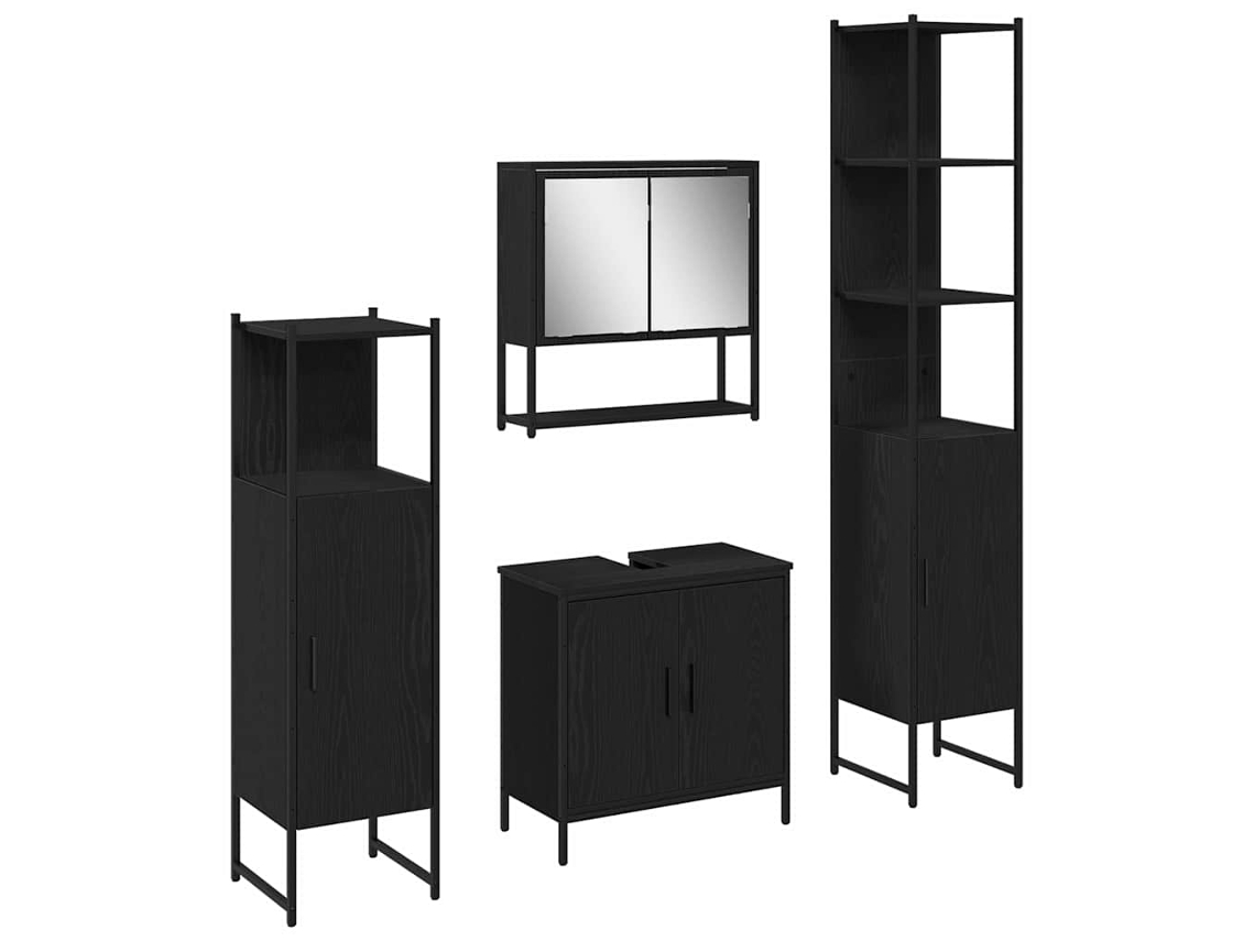 Conjunto de Móveis para Banheiro 4 Pcs Preto Madeira Processada