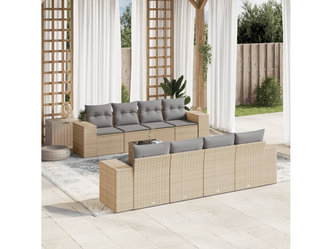 Vidaxl 9 Pcs Conjunto de Sofás P/ Jardim com Almofadões Vime Pe Bege