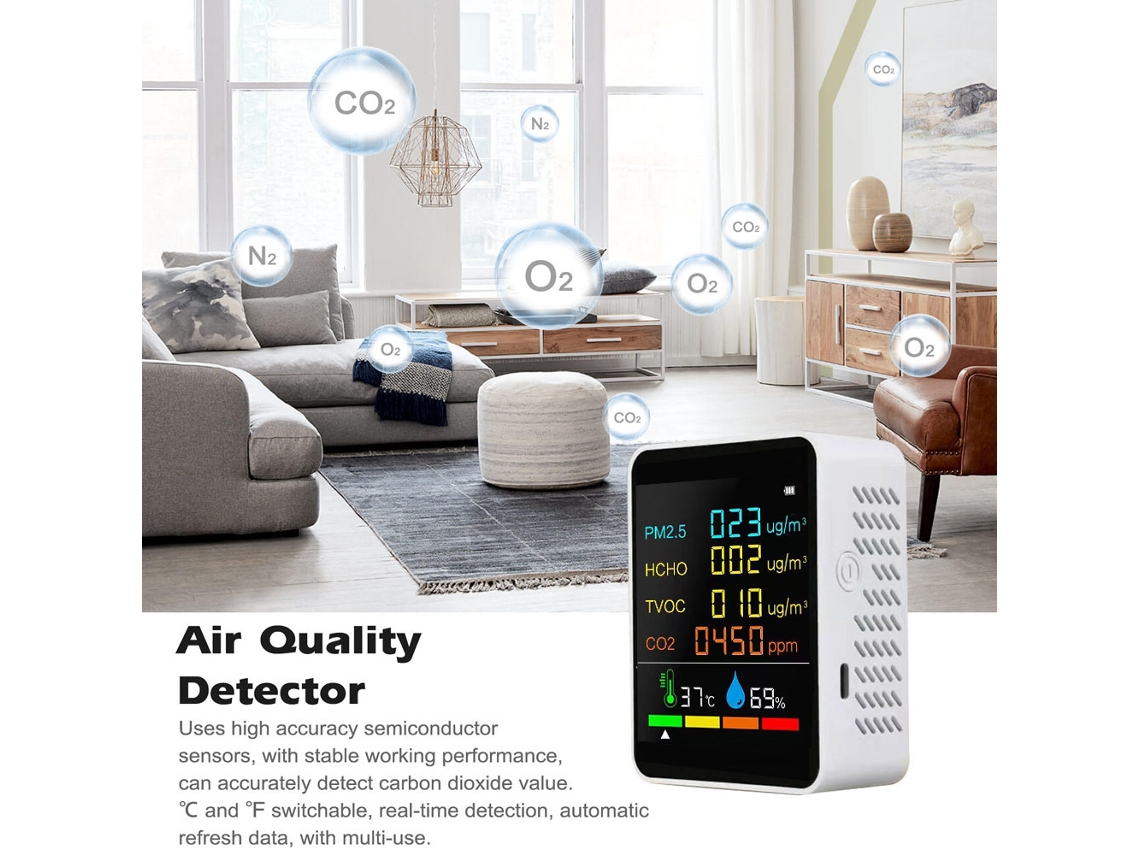 Detector De Qualidade Do Ar Com Co2 Pm2.5 Tvoc Hcho Temp Umidade Tela Lcd