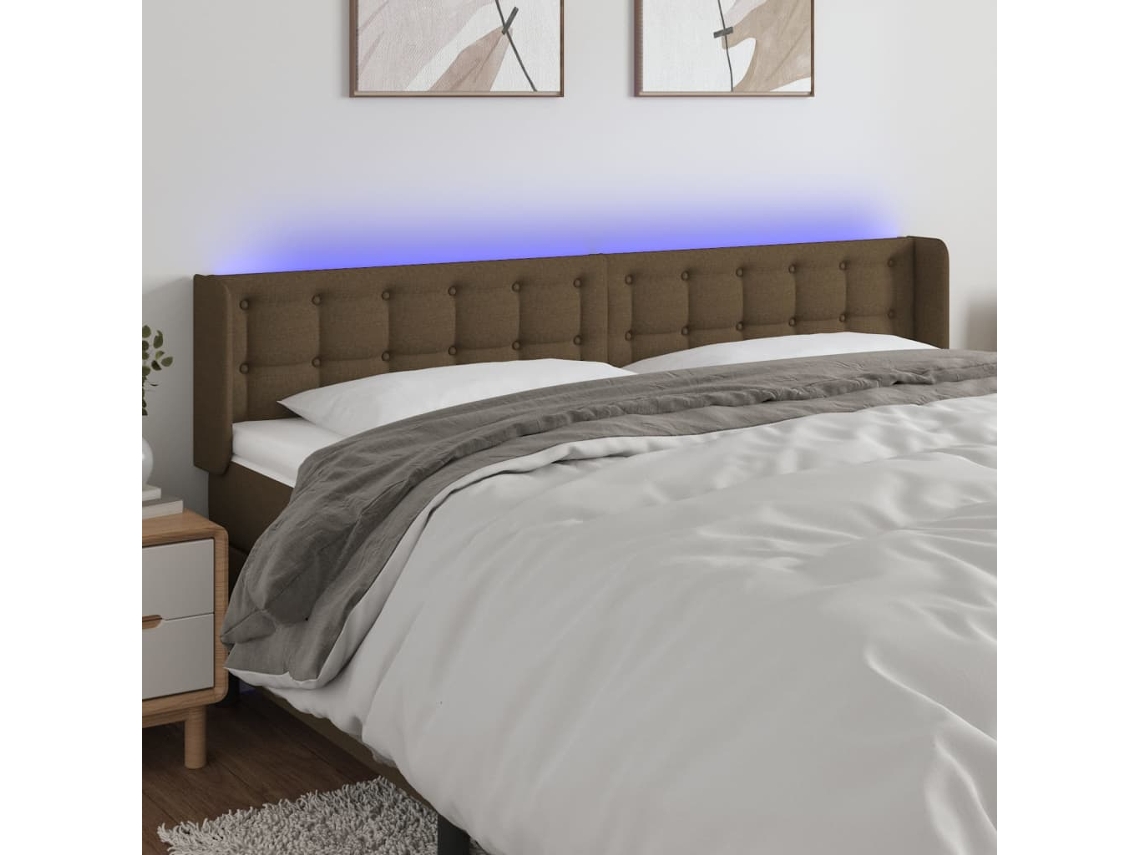 Vidaxl Cabeceira De Cama C/ Luzes Led Tecido 203x16x78/88 Cm Castanho