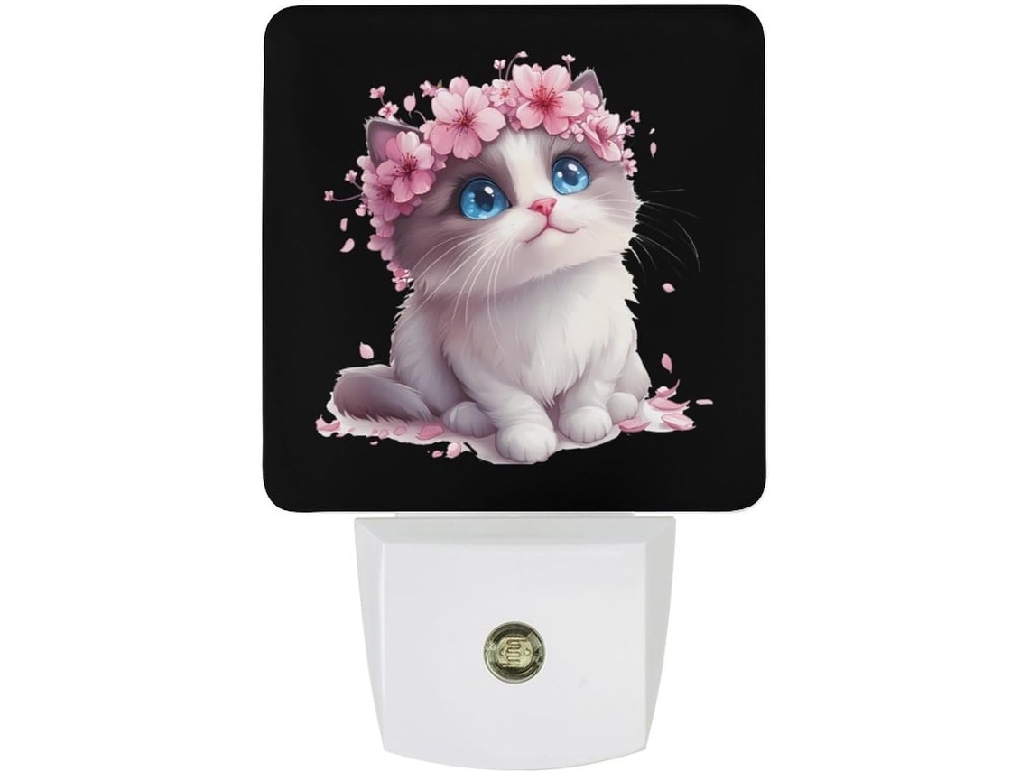 Luz noturna suave em formato de gato com flor de cerejeira e sensor de luminosidade.