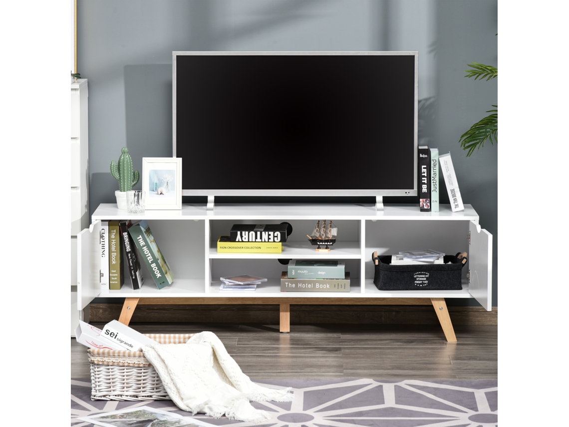 Móvel Para Tv De Até 65 Polegadas, Com 2 Armários, Prateleiras Abertas E Puxador Oco, Nas Cores Branco E Madeira – 150x39x50 Cm
