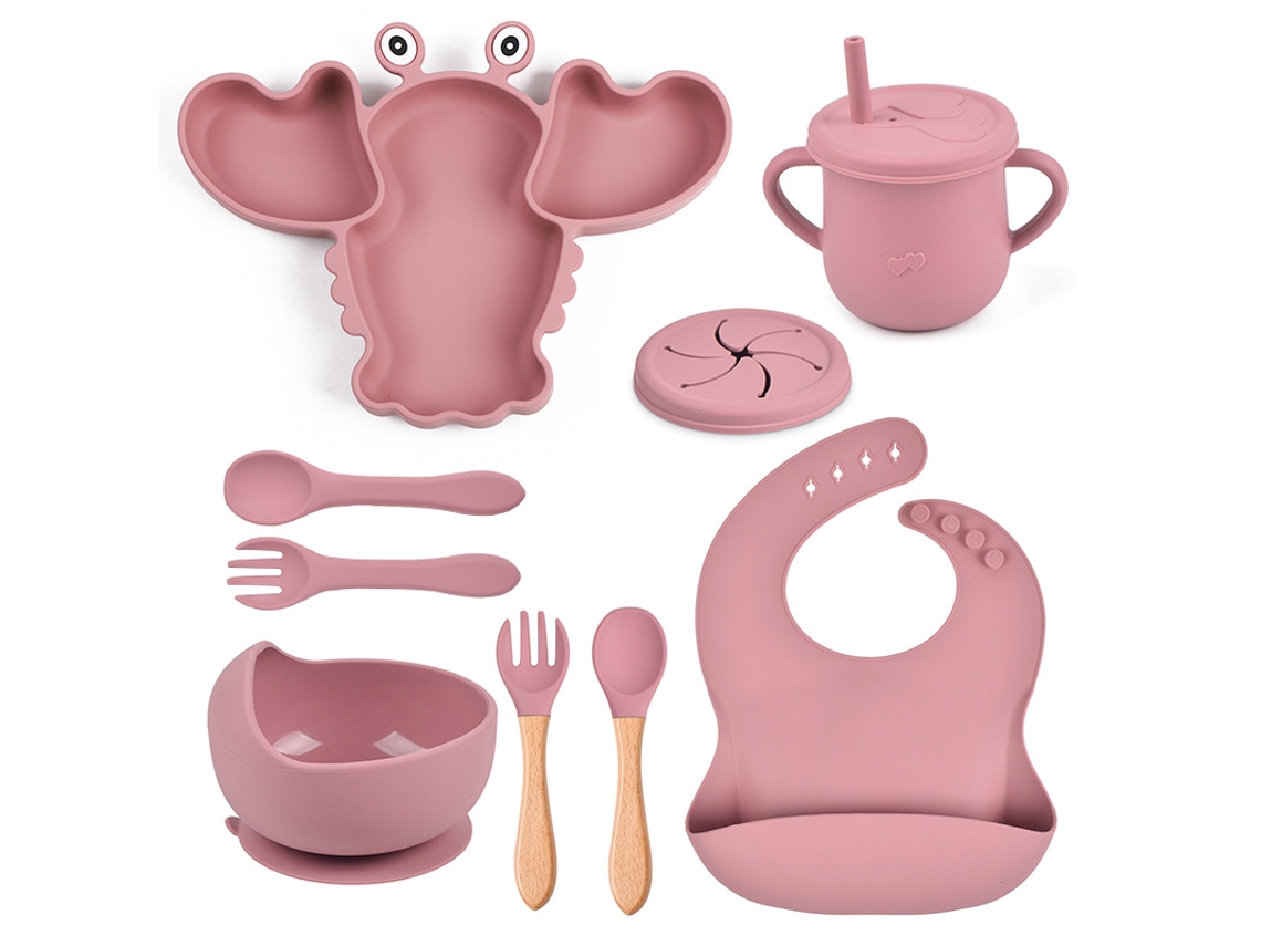 Kit de Alimentação para Bebé em Silicone Formato de Lagosta 8 Peças com Ventosas, Livre de Bpa Rosa Escuro PANOONA