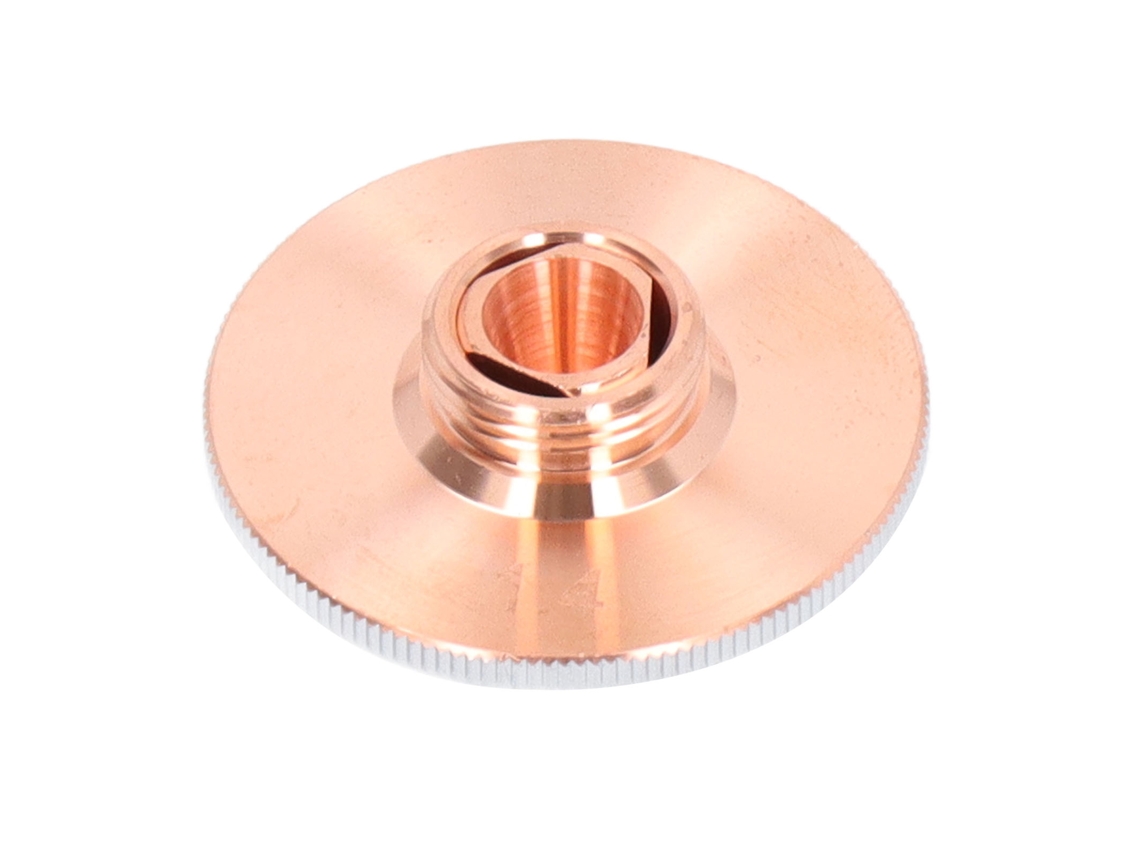 Cabeçote de corte a laser com bocal duplo de fibra óptica em cobre cromado e abertura de 1,4 mm/0,055 pol.