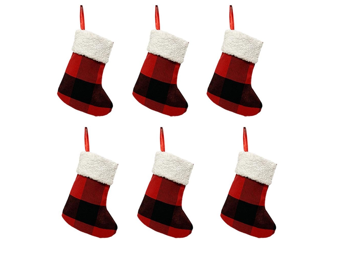 6 Meias de Natal Vermelho Preto para Decoração de Árvore de Natal