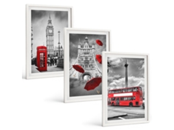 Composição De Quadros Na Parede Guarda-chuva Vermelho, Barraca E Ônibus Em Londres Moldura Branca Pinturas De Quarto Espelharte (3 Piezas De 40x60 Cm)