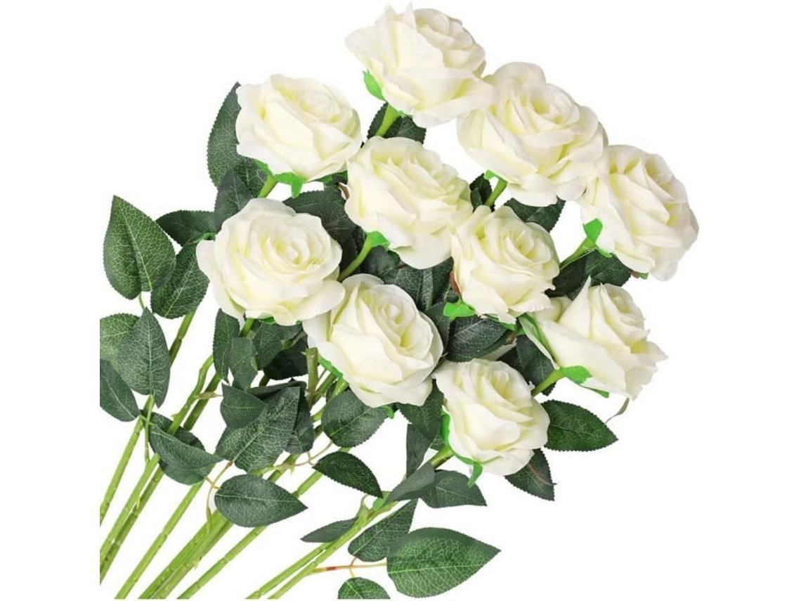 10 Rosas Artificiais de Seda, Buquê Falso para Decoração de Casamento, Casa e Jardim AQUAFORGE (brancas)