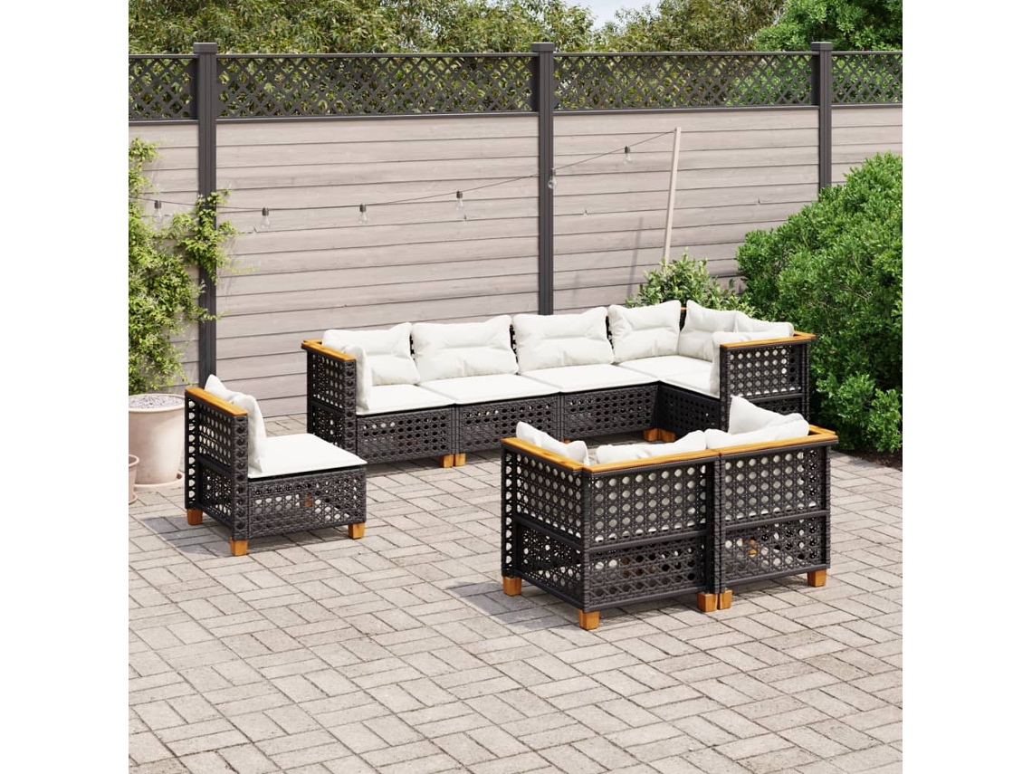 Vidaxl 8 Pcs Conjunto Sofás De Jardim Com Almofadões Vime Pe Preto