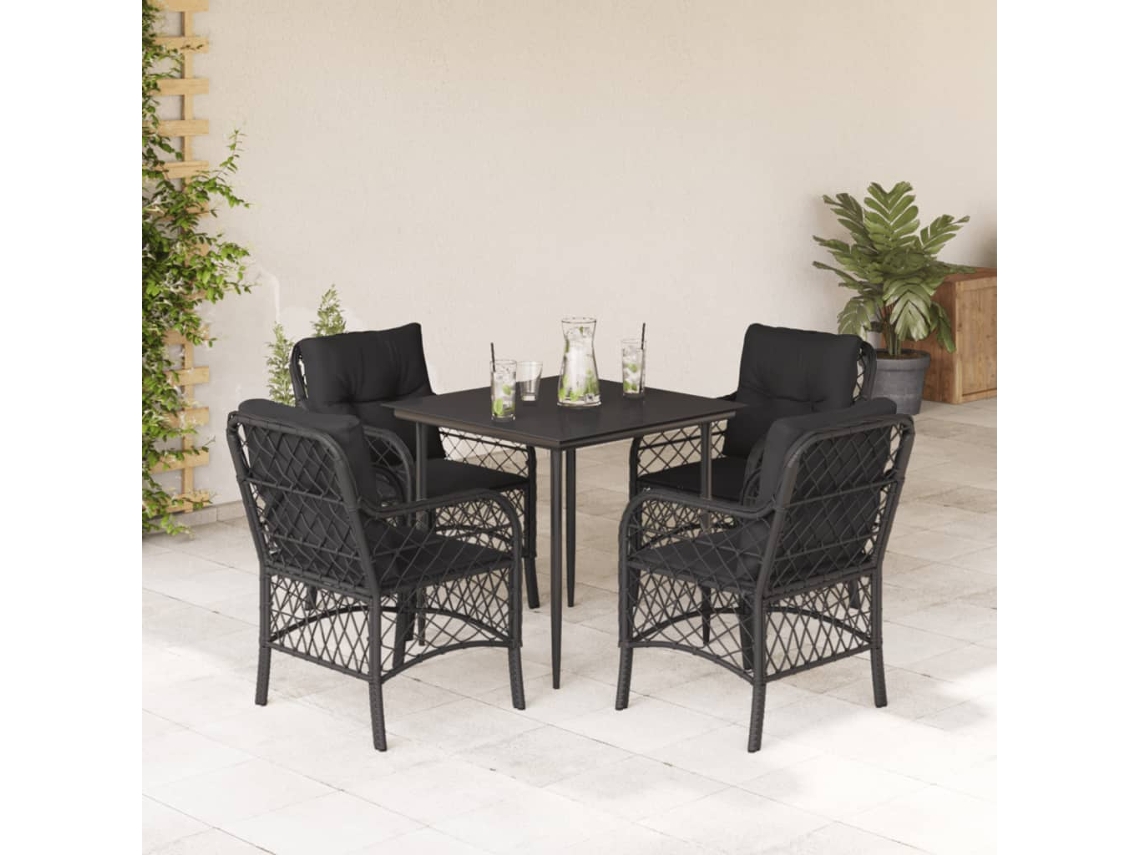 Vidaxl 5 Pcs Conjunto De Jantar P/ Jardim C/ Almofadões Vime Pe Preto