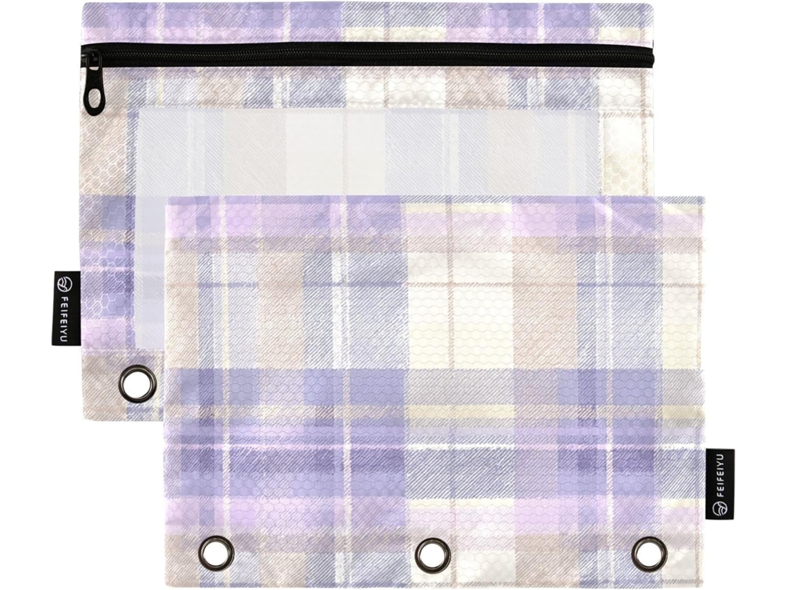 Este porta-arquivos adorável com 3 argolas para pastas, pacote com 2 unidades, estampa lavanda Xadrez, ideal para