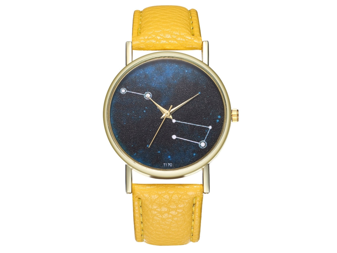 Relógio de pulso de quartzo masculino e feminino com pulseira de couro PU e mostrador redondo amarelo.