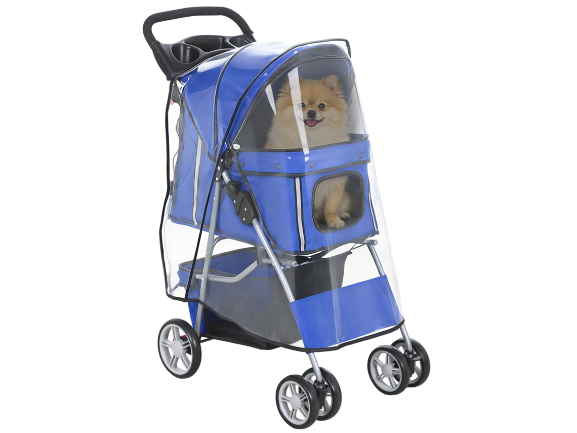 Carrinho Dobrável Para Cães/gatos, Para Crianças De Até 10 Kg, Com Capa De Chuva, Faixas Refletoras E Cesto De Armazenamento, 77 X 44 X 102 Cm, Azul.