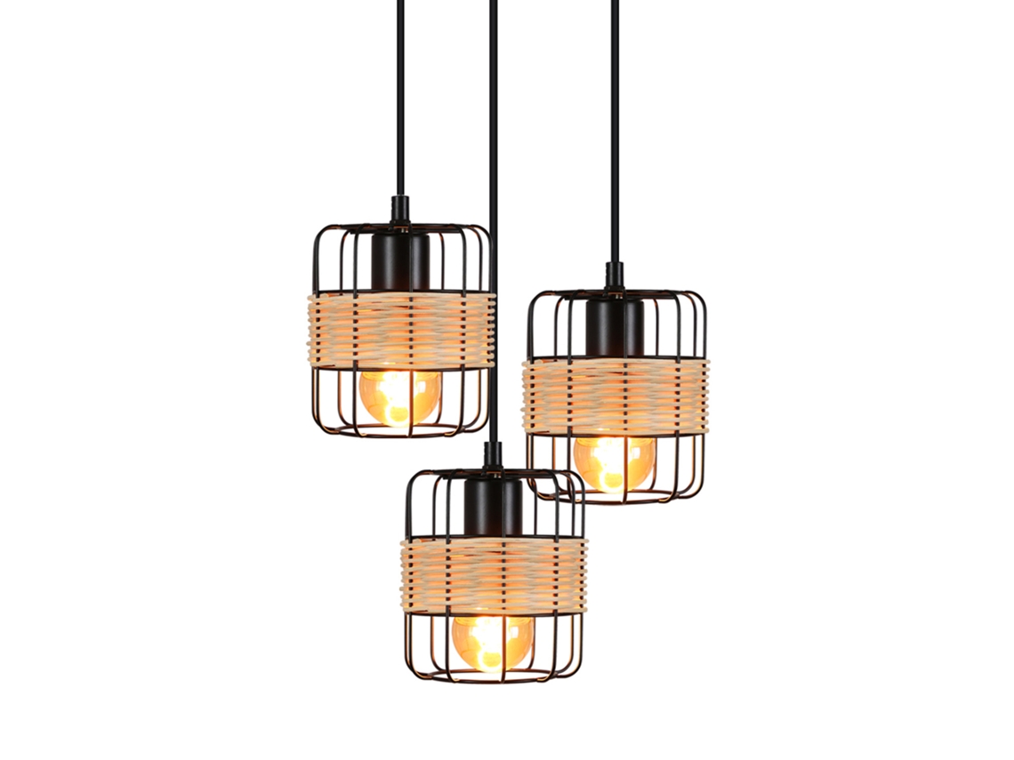 Nettlife Candeeiro Pendente De Metal Preto Diam.25 Cm E27 Vintage Rústica Redonda 3 Lâmpadas Retro Rattan Metal Natural Lâmpada De Sala De Estar