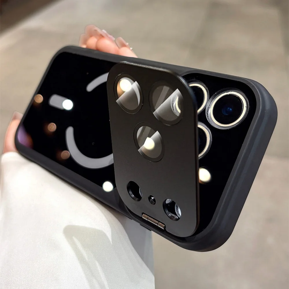 (iphone 15 Preto) Capa Protetora Flip Com Suporte Para Lente, Magnética