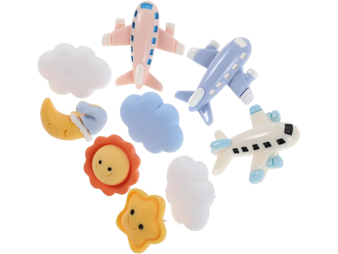 Conjunto de 10 Tachinhas Decorativas em Resina e Aço, com Desenho de Estrela e Avião, Ideias para Caixas de Avisos em