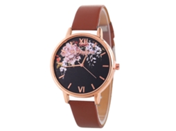 Relógio de Pulso Feminino com Padrão Floral Estiloso e Pulseira de Couro Café