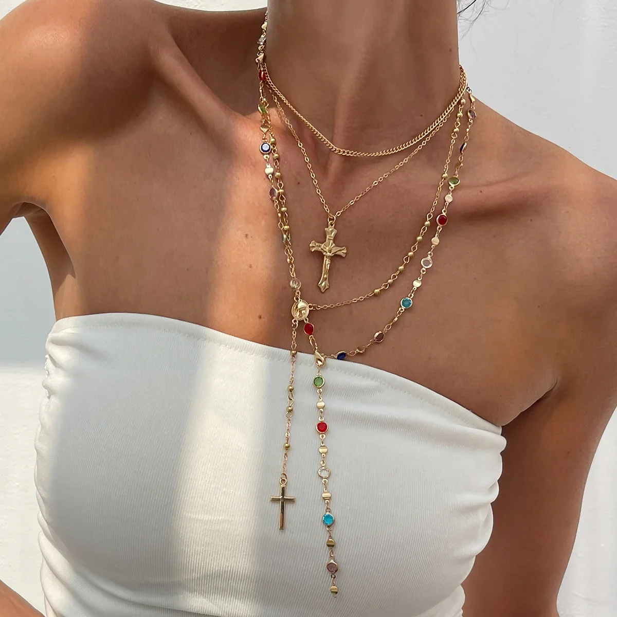 Colar De Luxo Com Pingente De Cruz Cravejado De Strass, Cristais Coloridos Para Festa Y2k