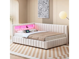 Sofá Cama 140x200 Bege Com Led Usb E Apoio Cabeça