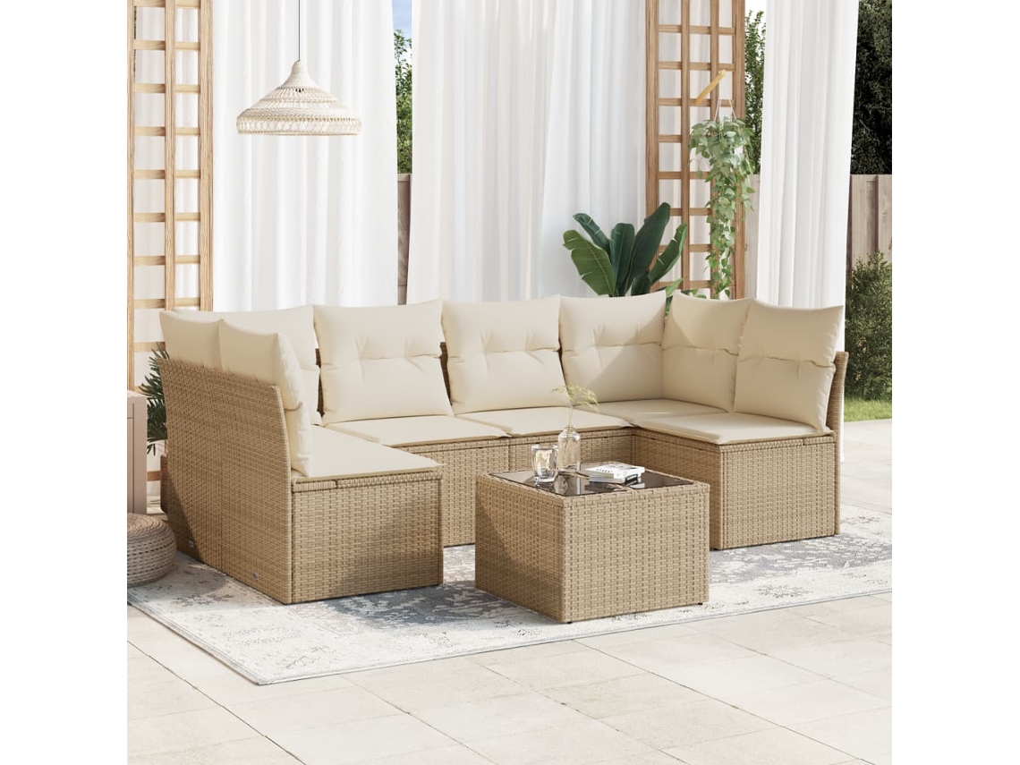 Vidaxl 7 Pcs Conjunto de Sofás P/ Jardim com Almofadões Vime Pe Bege