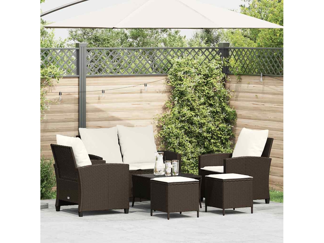 Vidaxl 6 Pcs Conjunto De Sofás Jardim C/ Almofadões Vime Pe Castanho