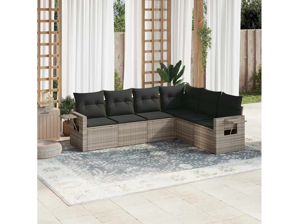 Vidaxl 6 Pcs Conj. Sofás Jardim Com Almofadões Vime Pe Cinzento-claro