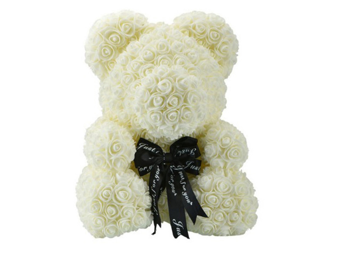 Urso de Pelúcia com Flores de Rosa Artificial Presente de Aniversário Branco