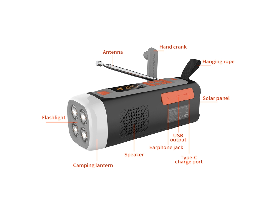 Radio De Emergência Portátil Solar Com Lanterna, Alarme Sos E Bluetooth