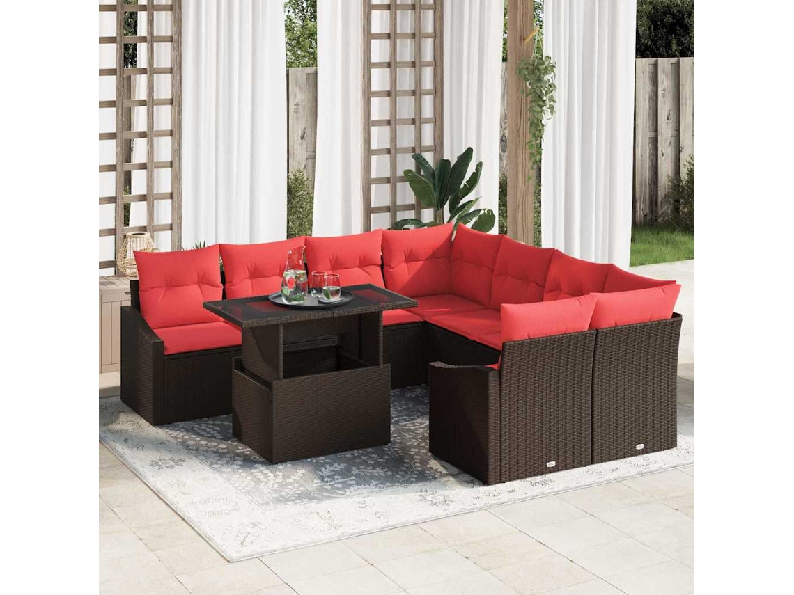 Vidaxl Conjunto De Sofá De Jardim 9 Unid. Marrom E Vermelho Vime Pe