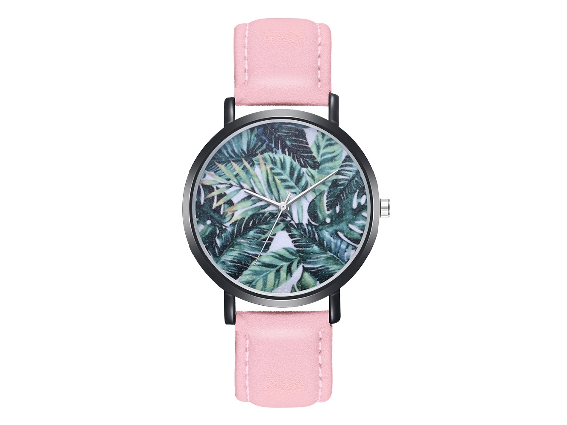 Reloj De Pulsera De Cuarzo Con Correa Pu Hombres Mujeres Dial Redondo Patrón De Hojas Rosa