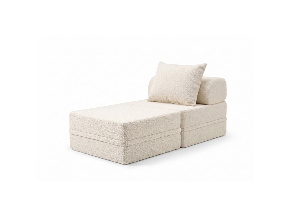 Sofá Modular 1 Lugar+ Puff Convertível Bouclette Bege SKOFFA