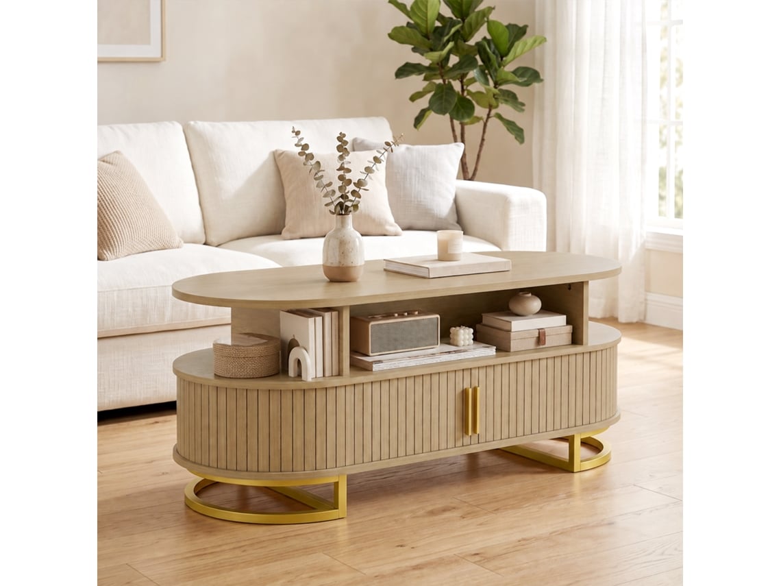 Mesa De Centro, Oval, Com Portas De Correr, Com Prateleiras, Efeito Carvalho