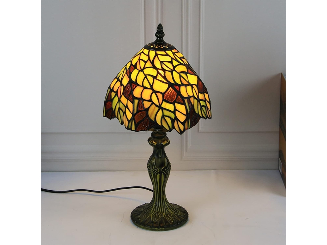 Abajur De Mesa Estilo Tiffany 20cm Com Folhas Verdes, Luminária De Leitura Antiga Em Vitral Para Sala Estar Ou