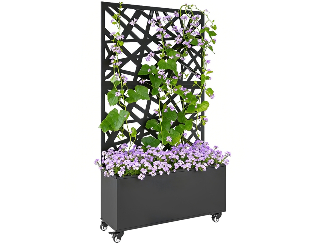 Jardineira Com Treliça, Recipiente Para Flores, Com Divisor De Vista E Rodízios Bloqueáveis, Metal, 90 X 30 X 160 Cm, Preto.