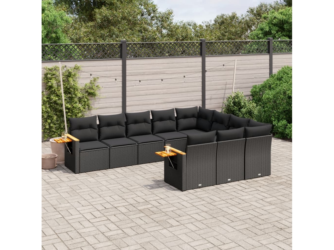 Jogo de Sofá Jardim 10 Peças C/ Almofadões Vime Pe Preto Dkd Home Decor