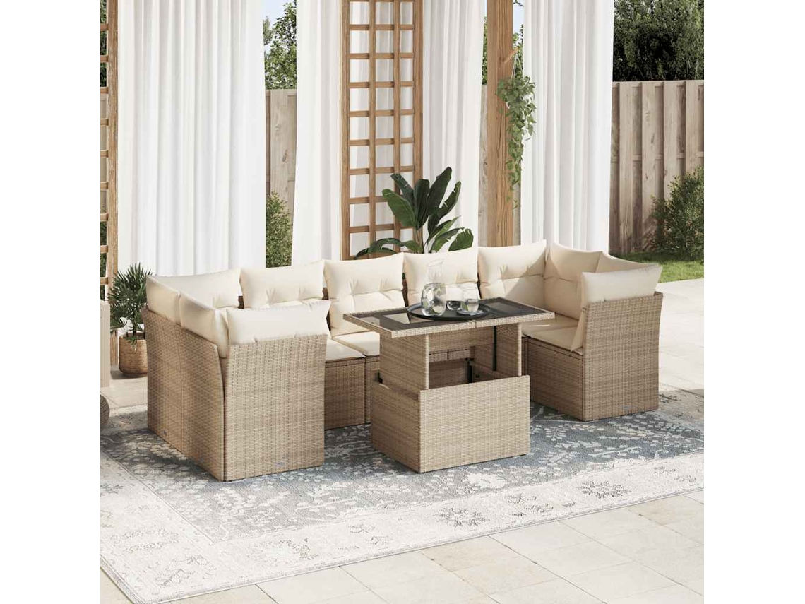 Vidaxl 8 Pcs Conjunto De Sofás P/ Jardim Com Almofadões Vime Pe Bege