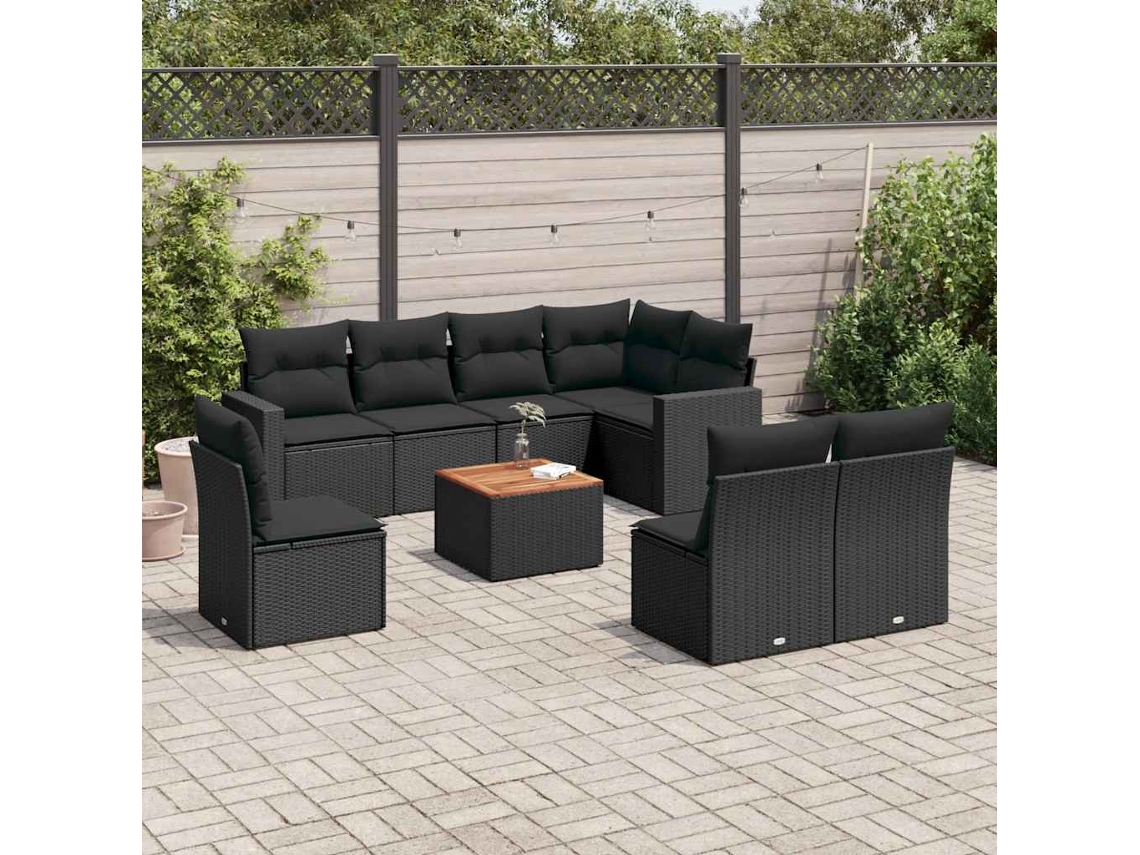 Vidaxl 9 Pcs Conjunto De Sofás P/ Jardim C/ Almofadões Vime Pe Preto