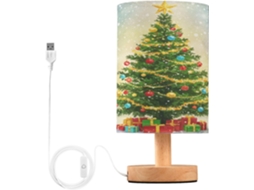 Abajur De Cabeceira Em Formato Árvore Natal Aquarela, Pequeno, Com Led, Portas USB E Cúpula Têxtil, Ideal Para Quarto